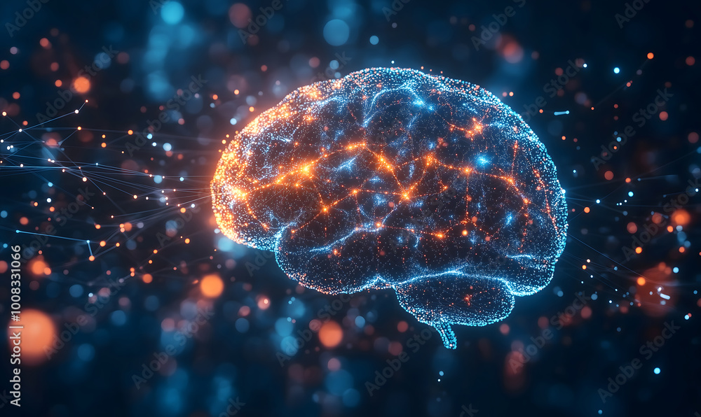 Illustration of a human brain with glowing neural connections and nodes, Concept symbolizing artificial intelligence and neurological networks, Generative ai Illustration of a human brain with glowing neural connections and nodes, Concept symbolizing artificial intelligence and neurological networks, Generative ai