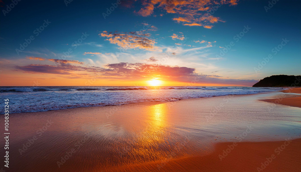Fototapeta premium A breathtaking sunset over a tranquil beach, emphasizing the beauty of nature