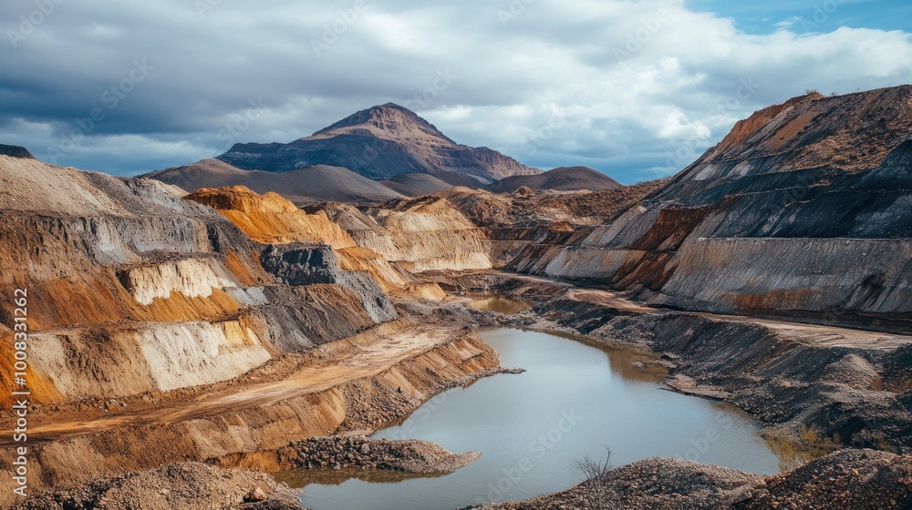 Fototapeta premium An aerial view of a large open pit mine with a lake at the bottom.