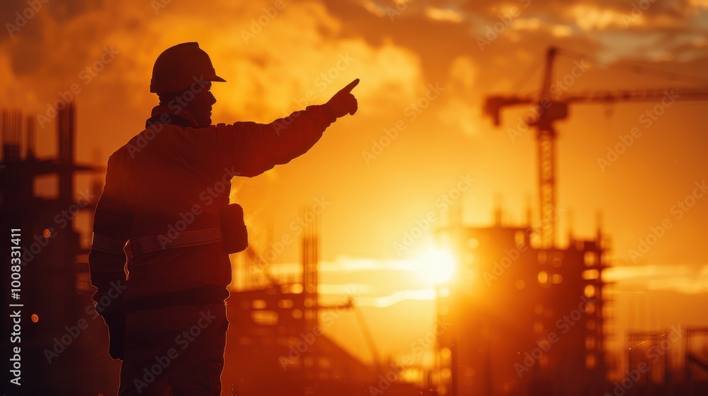 Worker silhouette pointing at construction site during sunset. Worker silhouette pointing at construction site during sunset.