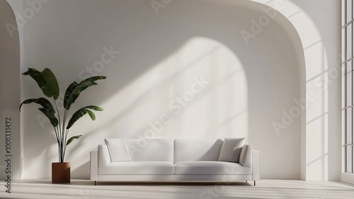 A minimalist living room featuring a white sofa, vibrant plant, and soft natural light, creating a serene and stylish atmosphere.