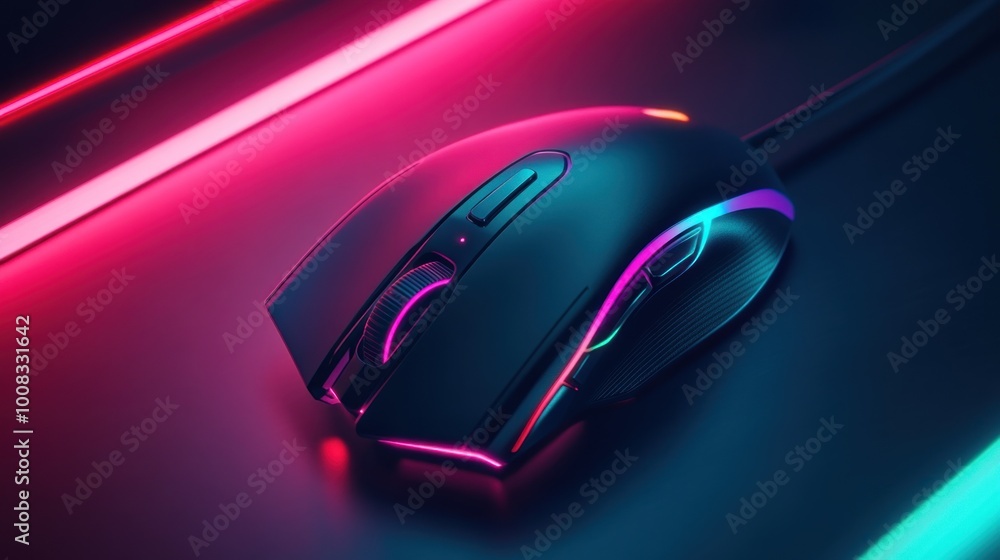 Close-up of a black computer mouse with neon pink and blue lighting. Close-up of a black computer mouse with neon pink and blue lighting.