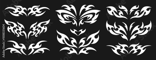Neo tribal y2k tattoo set. Neotribal divider, symmetrical abstract shapes or cyber sigilism elements. White celtic gothic body ornaments. Emo stylized stickers of butterfly with wings and demon hearts