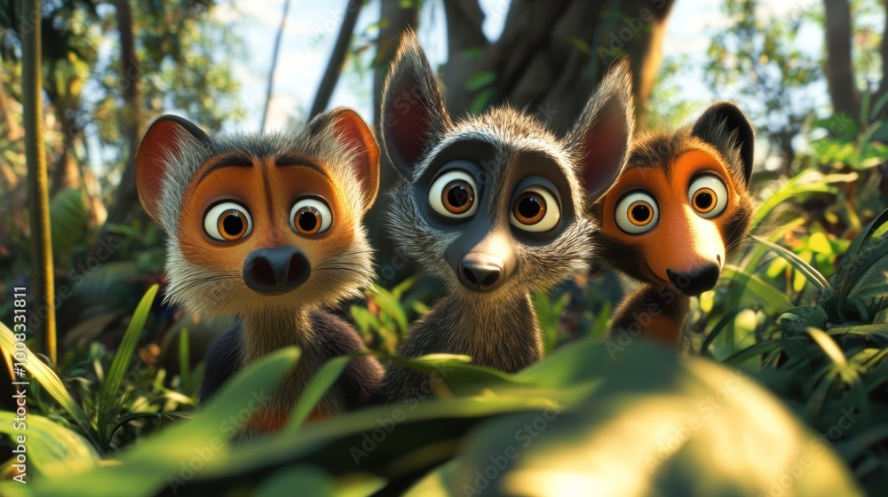 Three cartoon animals peeking through green foliage in a jungle setting, with curious expressions. Three cartoon animals peeking through green foliage in a jungle setting, with curious expressions.