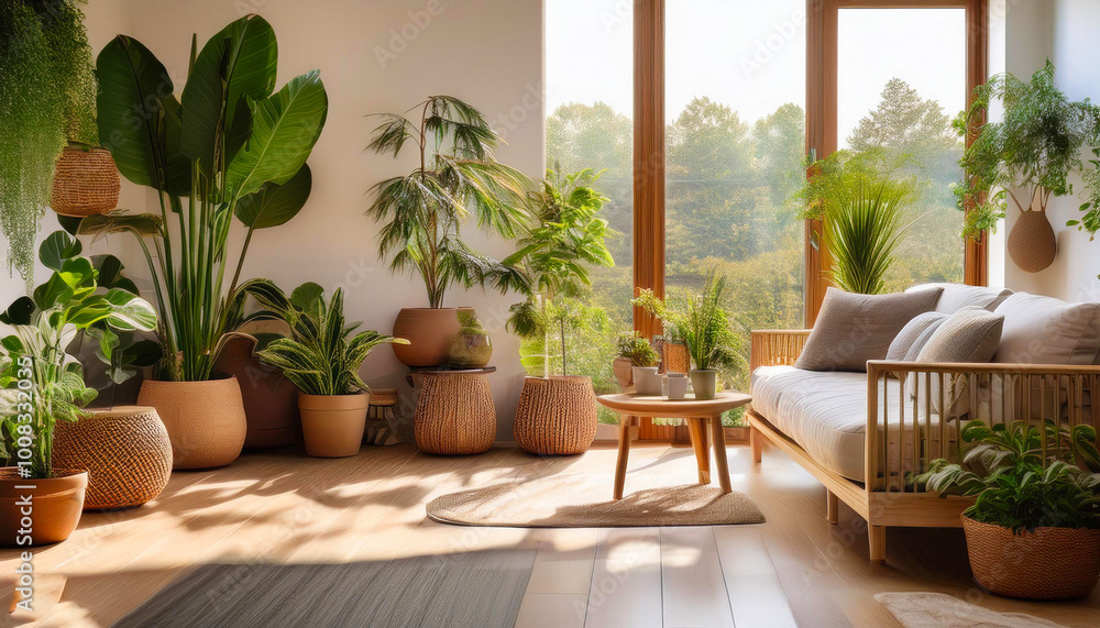 Fototapeta premium A cozy home with indoor plants, natural lighting, and eco-friendly decor