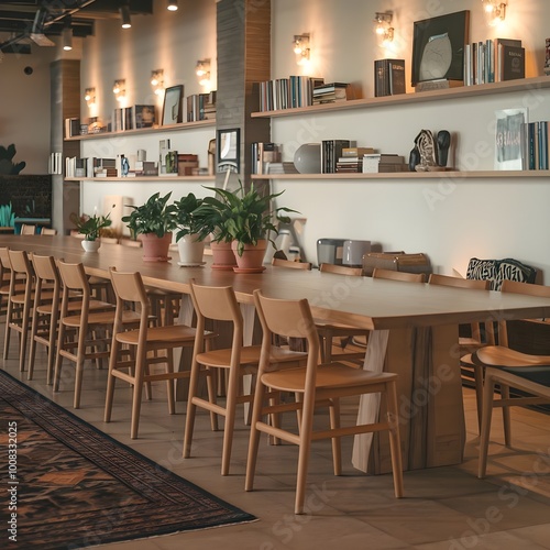 Charming Dining Area with a Long Wooden Table