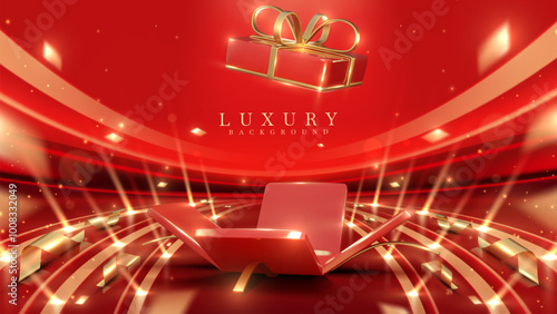 Open red and gold gift box on luxury background with ribbon and confetti. Perfect for celebrating holidays, birthdays, and special occasions. Vector illustration.