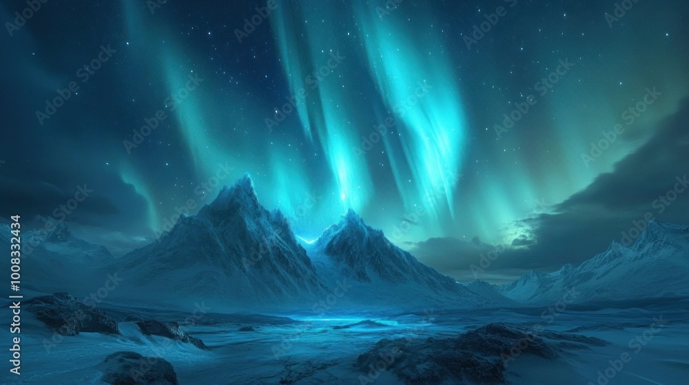 Fototapeta premium A breathtaking view of the northern lights dancing over snow-capped mountains on a clear night.