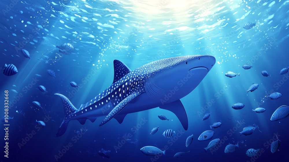 Fototapeta premium A large whale shark swims through the ocean with a school of smaller fish around it.