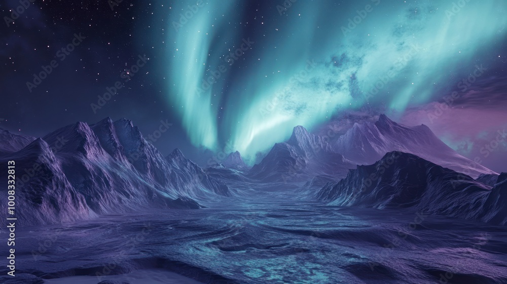 Fototapeta premium A stunning view of the aurora borealis illuminating the night sky over a majestic mountain range.