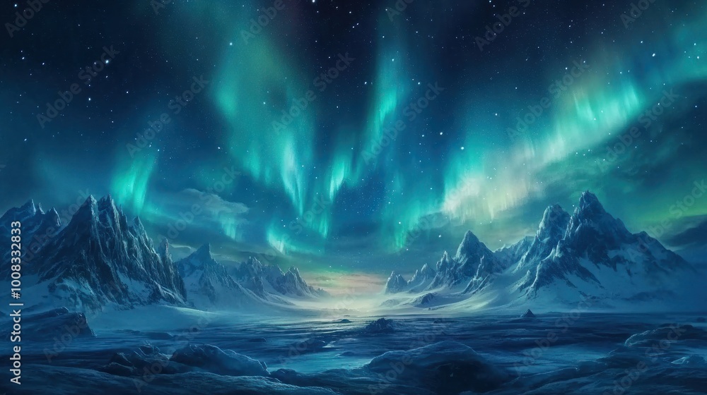 Fototapeta premium A majestic view of the northern lights dancing above a snow-covered mountain range.