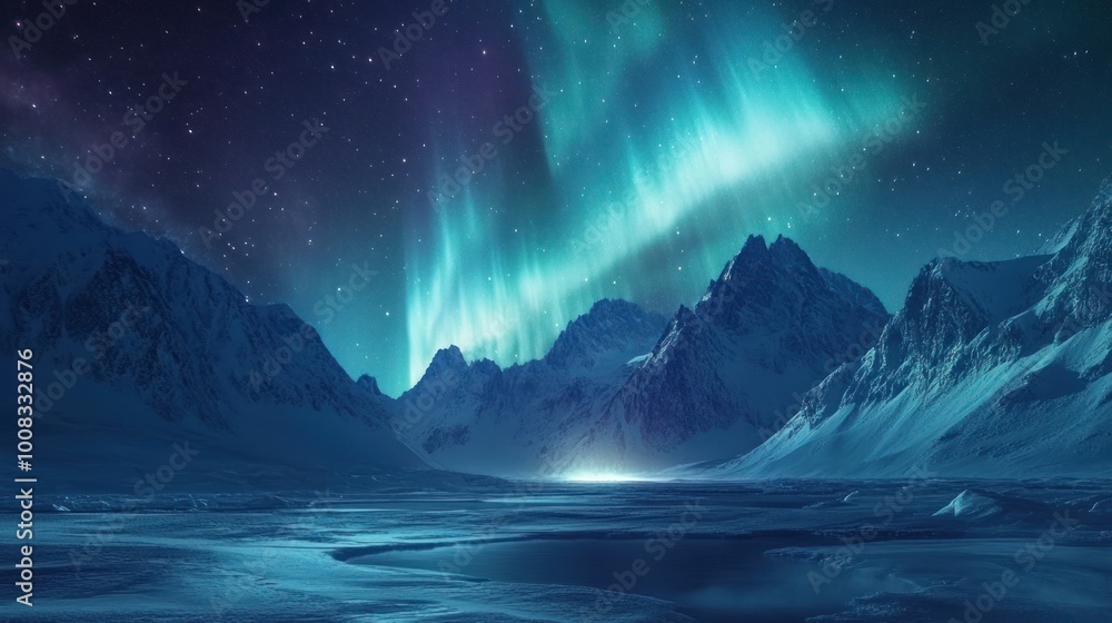 Dramatic aurora borealis over snow-capped mountains with a frozen lake in the foreground. Dramatic aurora borealis over snow-capped mountains with a frozen lake in the foreground.