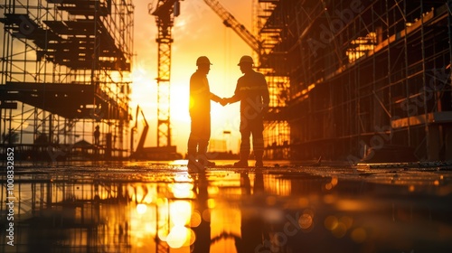 Workers shaking hands at a construction site during sunset.