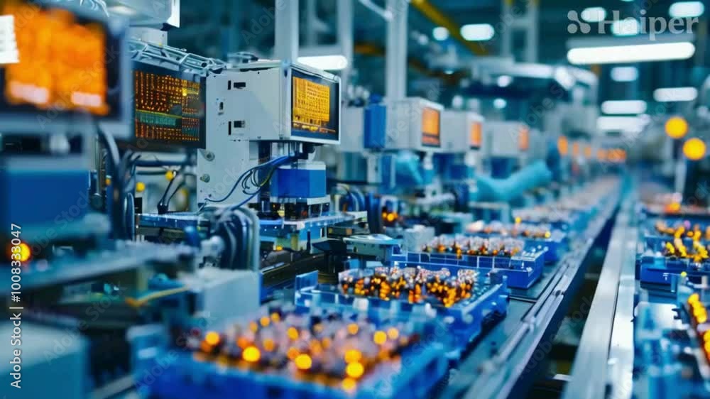 Assembly Line with Workers Producing Electronic Components Assembly Line with Workers Producing Electronic Components