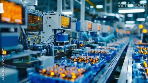 Assembly Line with Workers Producing Electronic Components