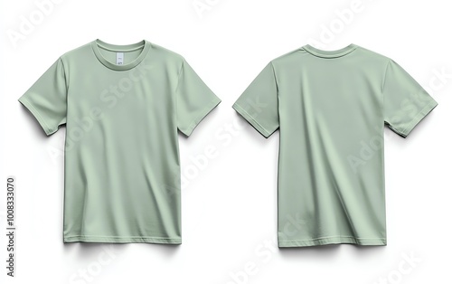 Front and back view mockup of a plain pastel pink tshirt on a white background, displayed side by side, smooth texture, realistic shadow effects, minimalistic design, sharp edges