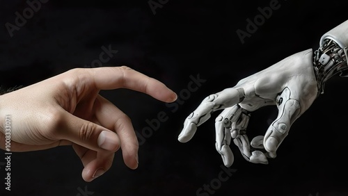 Robotic hand pointing his finger to human hand with stretched finger