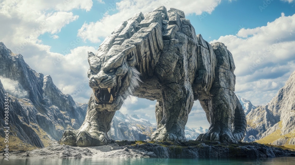 Stone creature stands in a mountain valley. Stone creature stands in a mountain valley.