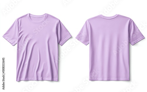 Front and back view mockup of a plain pastel pink tshirt on a white background, displayed side by side, smooth texture, realistic shadow effects, minimalistic design, sharp edges photo