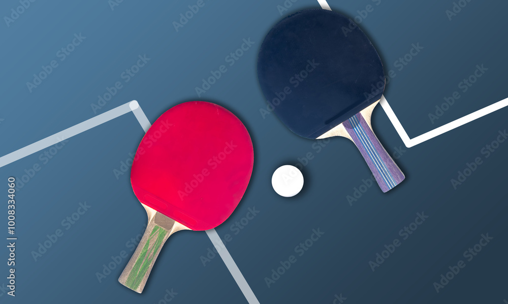 tennis rackets for playing ping pong on blue table, ping pong concept, active sports tennis rackets for playing ping pong on blue table, ping pong concept, active sports