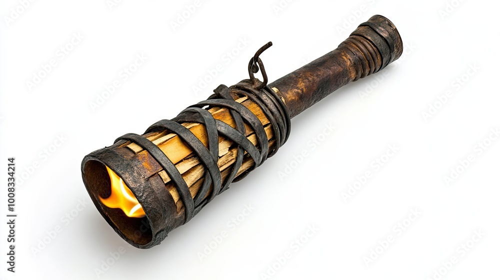 A Flaming, Handheld Torch Made of Wood and Metal A Flaming, Handheld Torch Made of Wood and Metal