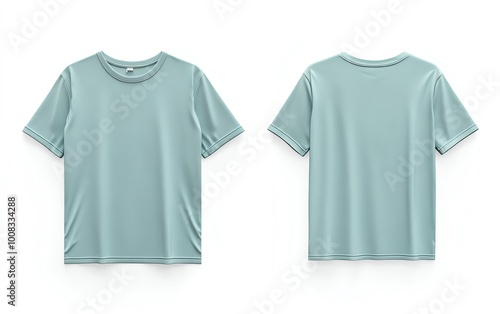 Front and back view mockup of a plain pastel pink tshirt on a white background, displayed side by side, smooth texture, realistic shadow effects, minimalistic design, sharp edges