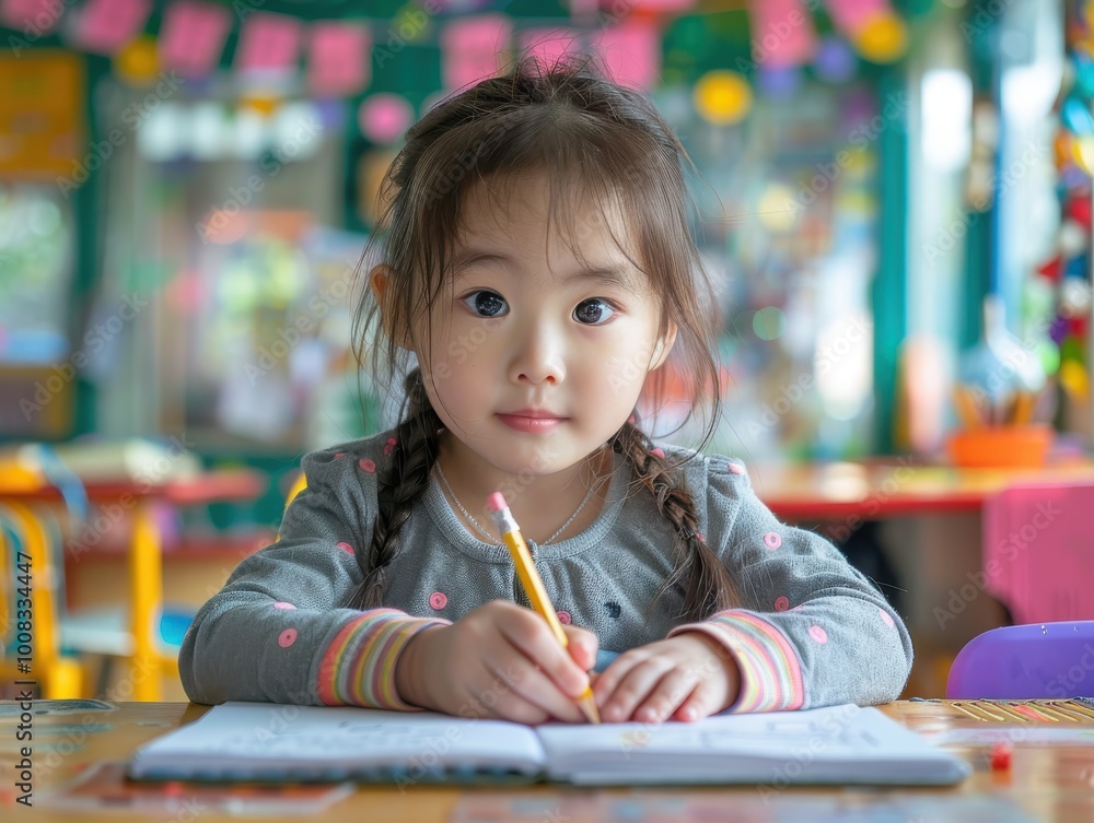 Young girl writing in a notebook at a colorful classroom table. Young girl writing in a notebook at a colorful classroom table.
