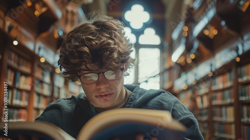 Young man reading a book in a library, surrounded by shelves of books. photo