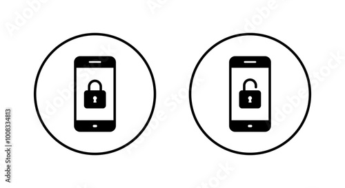 Lock and unlock padlock on cellphone screen icon on circle line