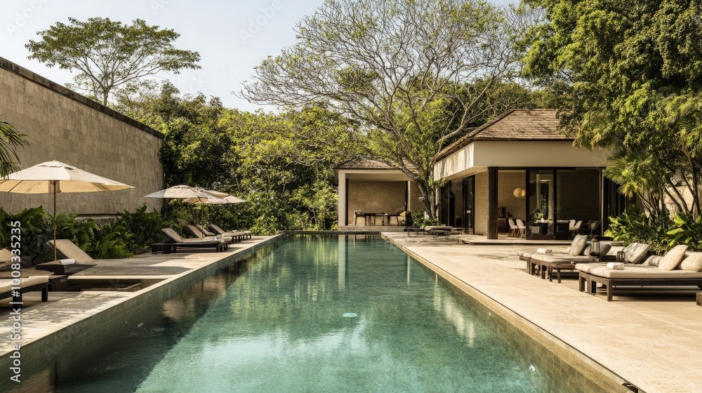 Fototapeta premium A long, rectangular swimming pool with lounge chairs and umbrellas.