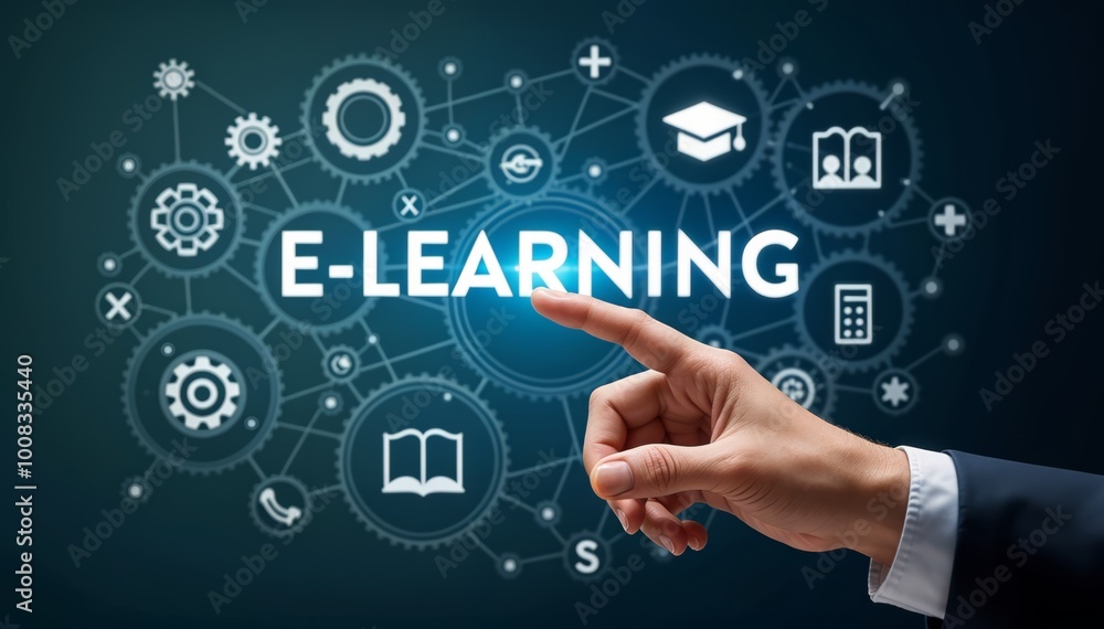 E-Learning Concept: Hand Pointing at Educational Icons on Dark Blue Background for Online Learning Promotion E-Learning Concept: Hand Pointing at Educational Icons on Dark Blue Background for Online Learning Promotion