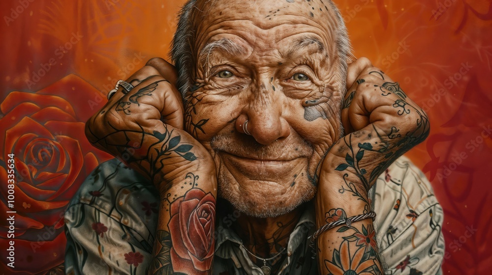 A mature man with tattoos poses in the background of the studio, looking at the camera A mature man with tattoos poses in the background of the studio, looking at the camera