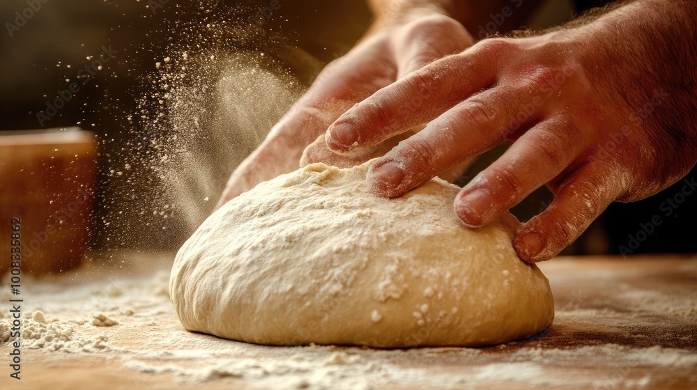 Close-Up of Hands Kneading Dough with Flour Swirling, Rustic Baking Scene Close-Up of Hands Kneading Dough with Flour Swirling, Rustic Baking Scene