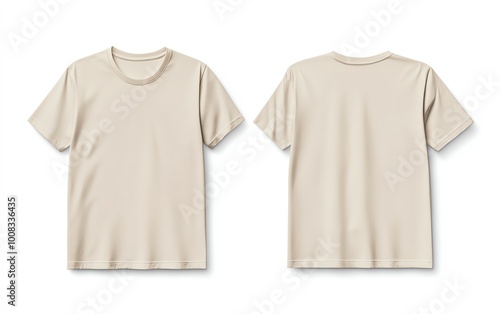 Front and back view mockup of a plain pastel pink tshirt on a white background, displayed side by side, smooth texture, realistic shadow effects, minimalistic design, sharp edges