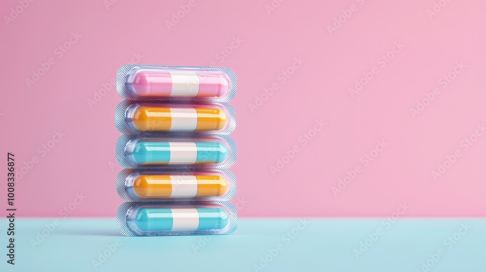 A colorful stack of cylindrical candies wrapped in clear plastic, set against a pastel pink and blue background. A colorful stack of cylindrical candies wrapped in clear plastic, set against a pastel pink and blue background.