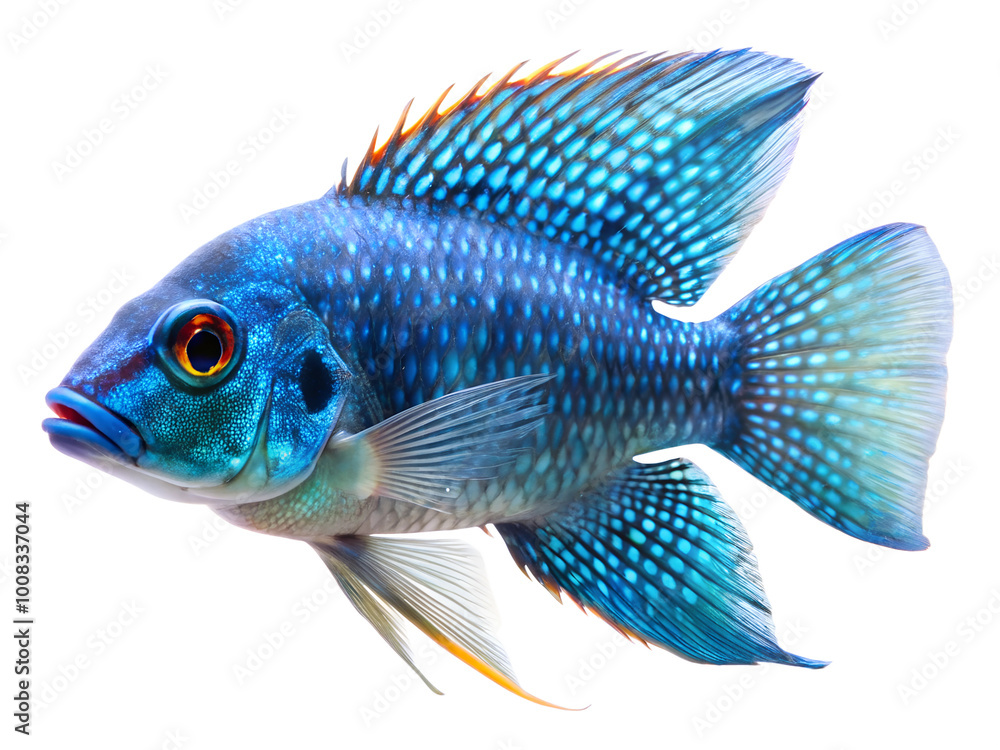 Fototapeta premium Electric Blue Acara (Fish) swiming isolated on a white background
