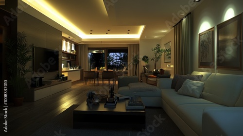 Modern living room with white sectional sofa, coffee table, and a large window overlooking a wooded area, all lit by warm, ambient light.