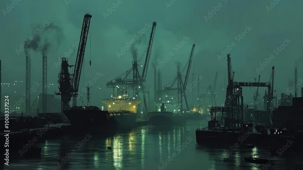 Obraz premium A view of a harbor at dusk with ships, cranes, and buildings.
