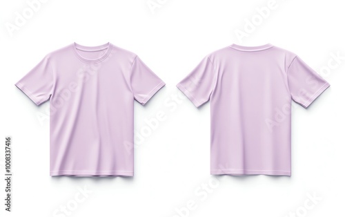 Front and back view mockup of a plain pastel pink tshirt on a white background, displayed side by side, smooth texture, realistic shadow effects, minimalistic design, sharp edges photo