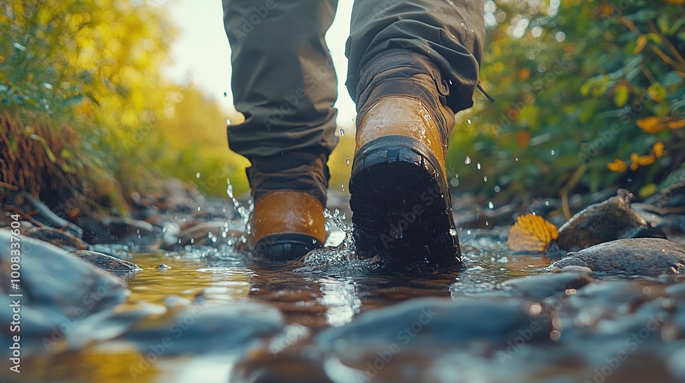 Person walking through a stream in nature. Person walking through a stream in nature.