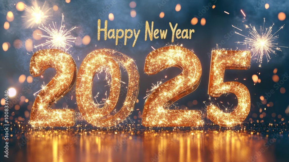 Happy New Year 2025 is presented in glittery gold numbers with sparklers lighting the background. This festive image is perfect for celebrations, invitations, and holiday cards.. AI Generation Happy New Year 2025 is presented in glittery gold numbers with sparklers lighting the background. This festive image is perfect for celebrations, invitations, and holiday cards.. AI Generation