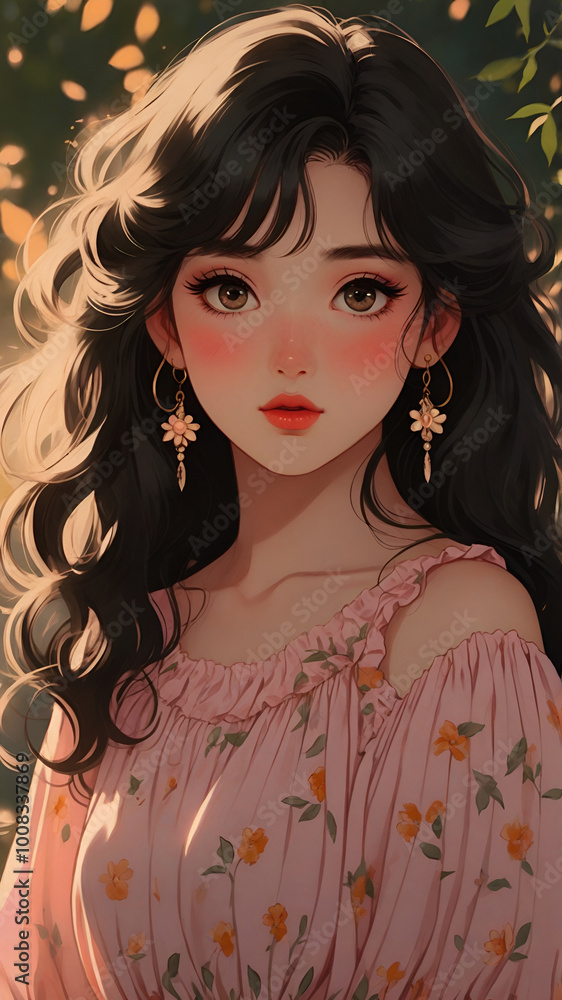 A stunning anime Young woman is dynamically posed in A soft, floral tea dress with puff sleeves, paired with ballet flats and delicate jewelry. Hair in soft curls, with rosy cheeks and pink lipstick A stunning anime Young woman is dynamically posed in A soft, floral tea dress with puff sleeves, paired with ballet flats and delicate jewelry. Hair in soft curls, with rosy cheeks and pink lipstick