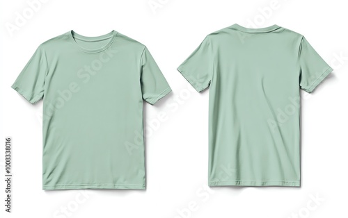 Front and back view mockup of a plain pastel pink tshirt on a white background, displayed side by side, smooth texture, realistic shadow effects, minimalistic design, sharp edges