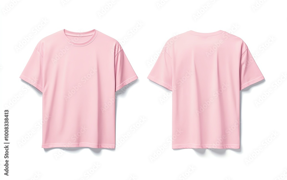 Front and back view mockup of a plain pastel pink tshirt on a white background, displayed side by side, smooth texture, realistic shadow effects, minimalistic design, sharp edges Front and back view mockup of a plain pastel pink tshirt on a white background, displayed side by side, smooth texture, realistic shadow effects, minimalistic design, sharp edges