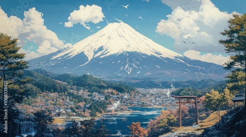 A vibrant, stylized depiction of Mount Fuji with a small village at its base, a serene lake, a traditional torii gate, and a waterfall.