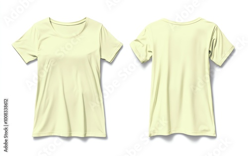 Front and back view mockup of a plain pastel pink tshirt on a white background, displayed side by side, smooth texture, realistic shadow effects, minimalistic design, sharp edges