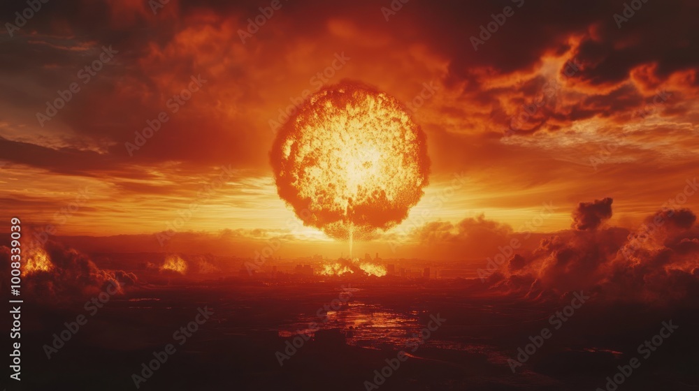 Obraz premium A massive fiery explosion in the sky above a city, with plumes of smoke and a fiery glow in the clouds.