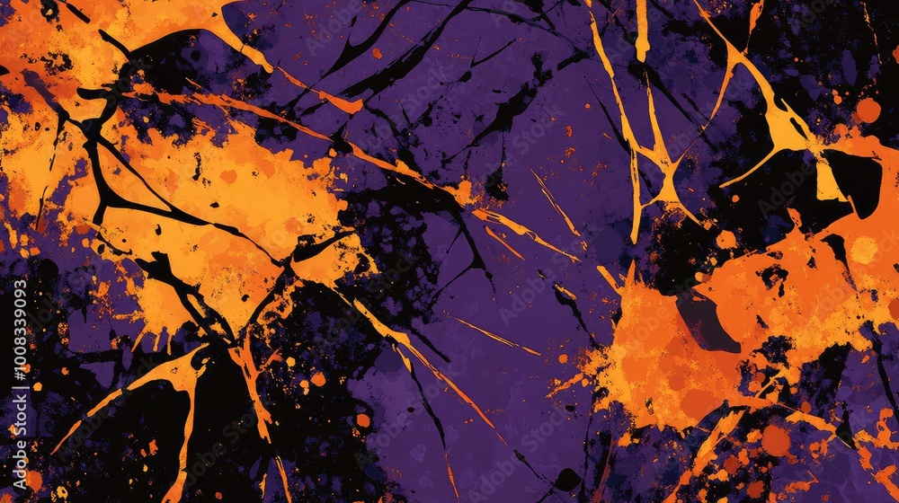 Abstract forms resembling shattered glass in vivid orange and black, scattered across a deep purple background, suggesting a Halloween ambiance. Abstract forms resembling shattered glass in vivid orange and black, scattered across a deep purple background, suggesting a Halloween ambiance.