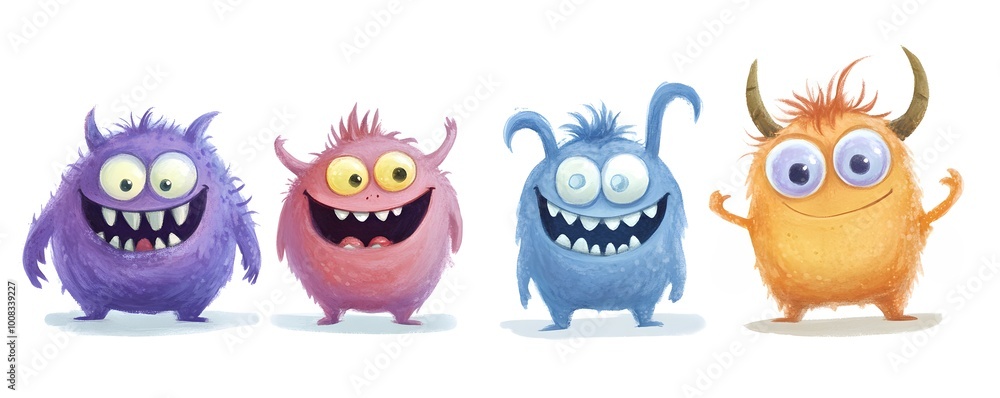 Cute Colorful Monsters Cartoon Illustration Funny Friendly Characters Cute Colorful Monsters Cartoon Illustration Funny Friendly Characters