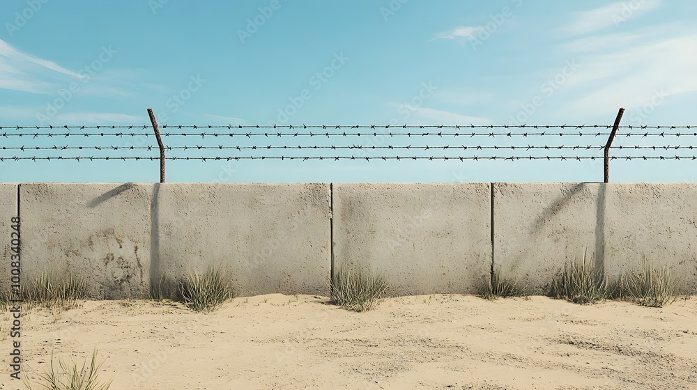Concrete Wall With Barbed Wire Fence Security Protection Barrier Boundary Concrete Wall With Barbed Wire Fence Security Protection Barrier Boundary